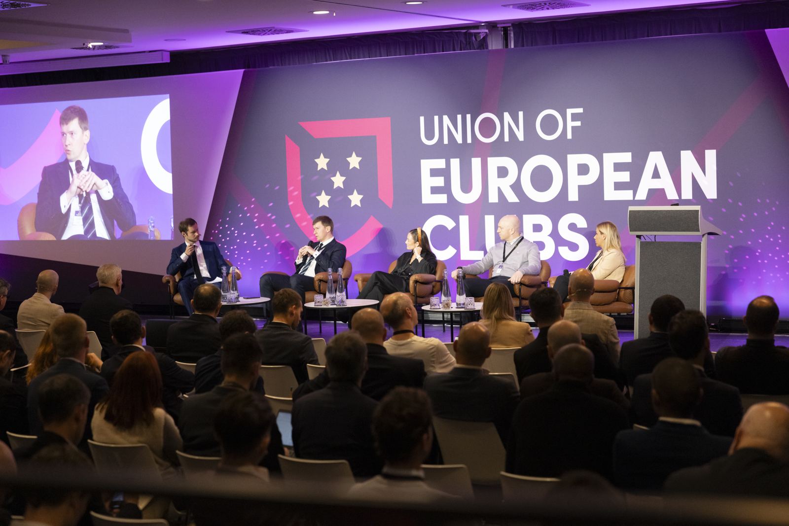 The stage and audience at the UEC Football Forum 2024